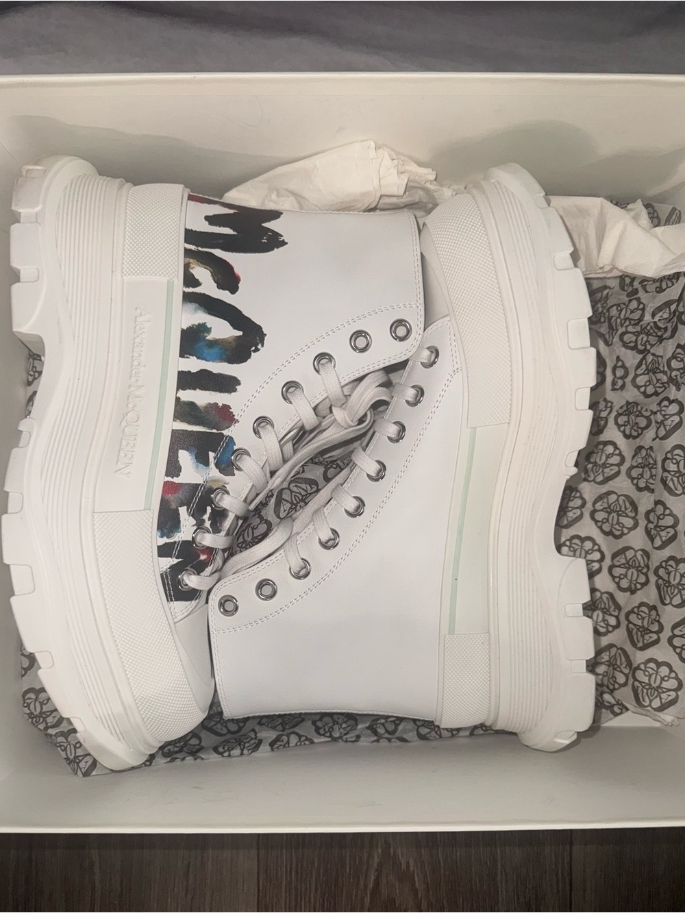Alexander McQueen White High-Top Sneakers with Multicolor Brushstroke Accent
